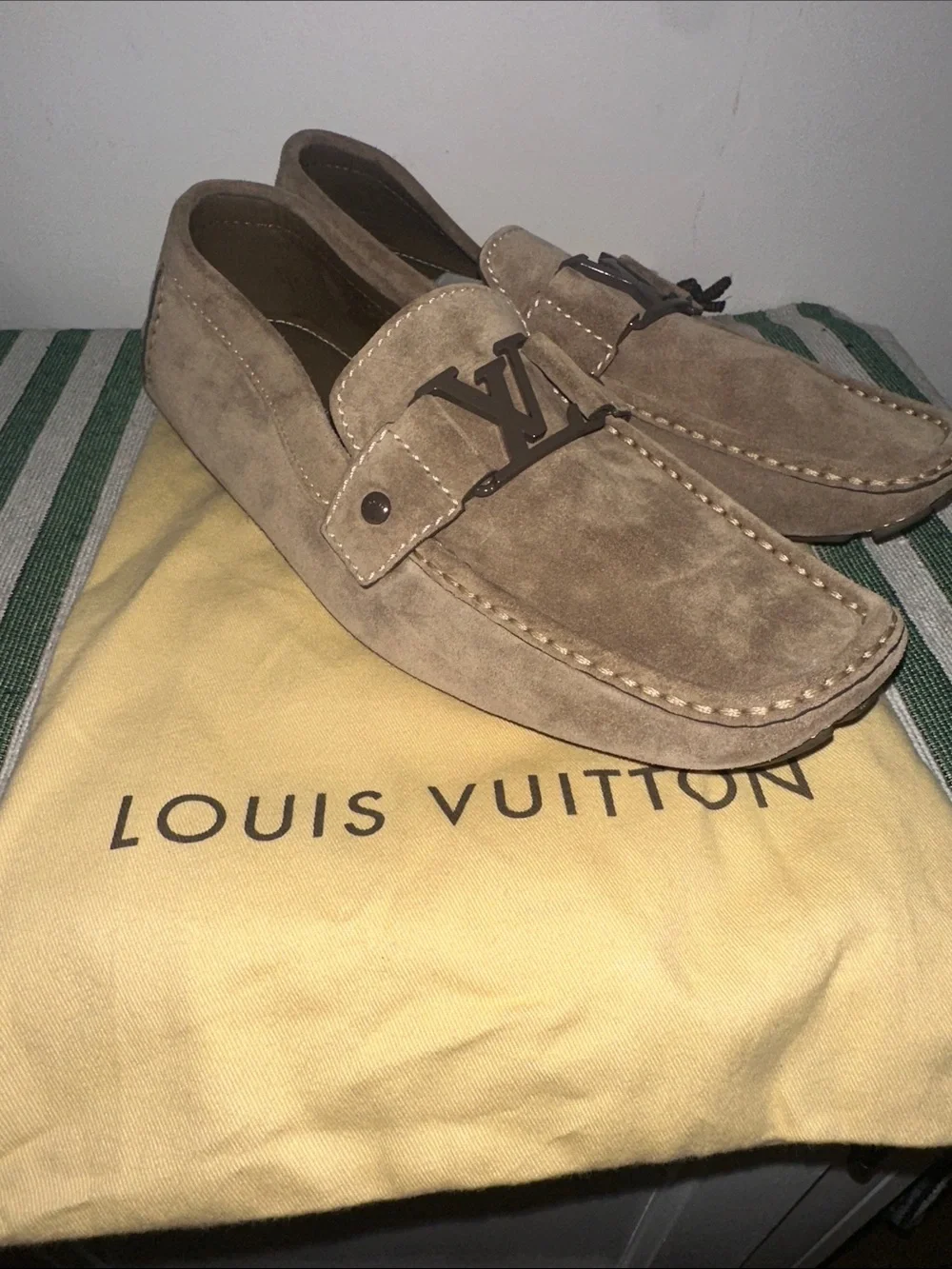Louis Vuitton Men’s Suede Loafers in Taupe Brown with LV Hardware